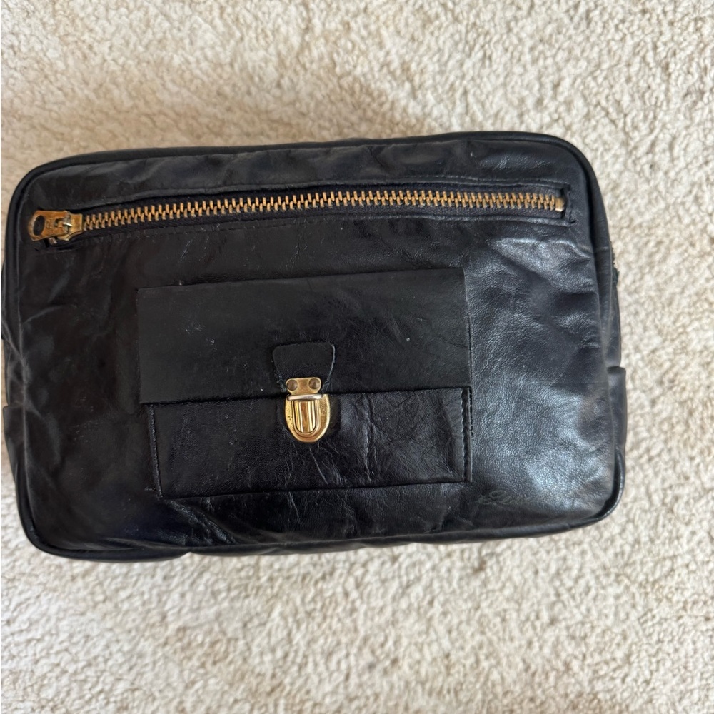 Vintage Small Black Leather Eddie Bauer Zip Up Clutch With Front Pocket